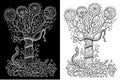 Black and white mystic fantasy tree line art vector illustration Royalty Free Stock Photo